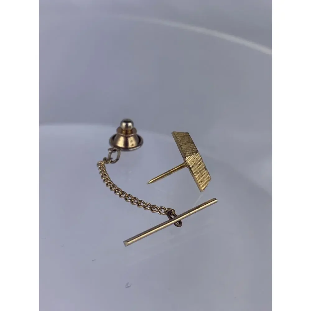 Square Strolls Gold Tone Tie Tack Pin Etched Brushed Metal Vintage